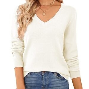 Qualfort - Elegant White V-Neck Sweater - Small